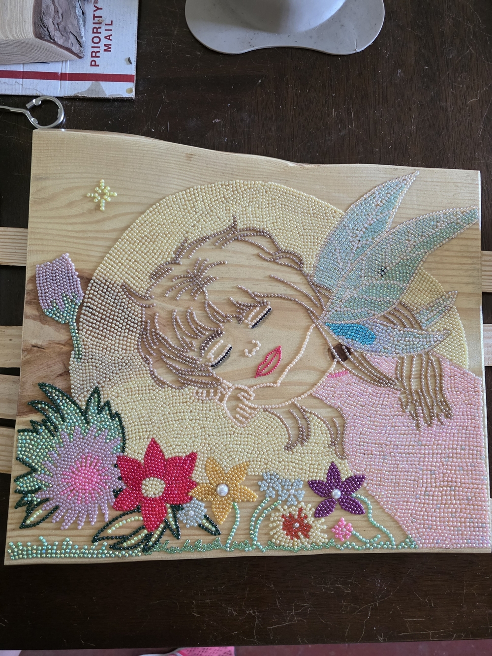 Beaded Fairy Wall Art Panel with Floral Accents